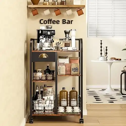 Coffee Bar with Wheels, Mobile Coffee Table with Storage Drawer